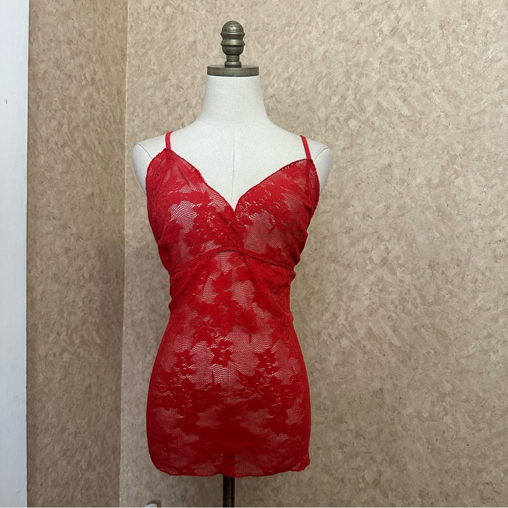VTG Y2K 2000s Red Floral Lace Sheer Mesh See Through Lingerie Layering Tank Top